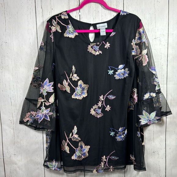 Catherines Black Floral Embroidered Mesh Blouse Womens 4X Elegant Boho Romantic - Picture 1 of 16
